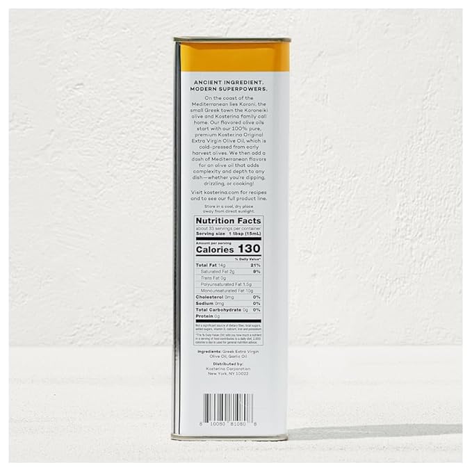 Kosterina - Garlic Olive Oil Cold-Pressed EVOO 2022/23 Early Harvest Koroneiki Olives Authentic Mediterranean Flavors Incredible Superfood Smooth &amp Fresh Taste Tin | 16.9oz (500ml)