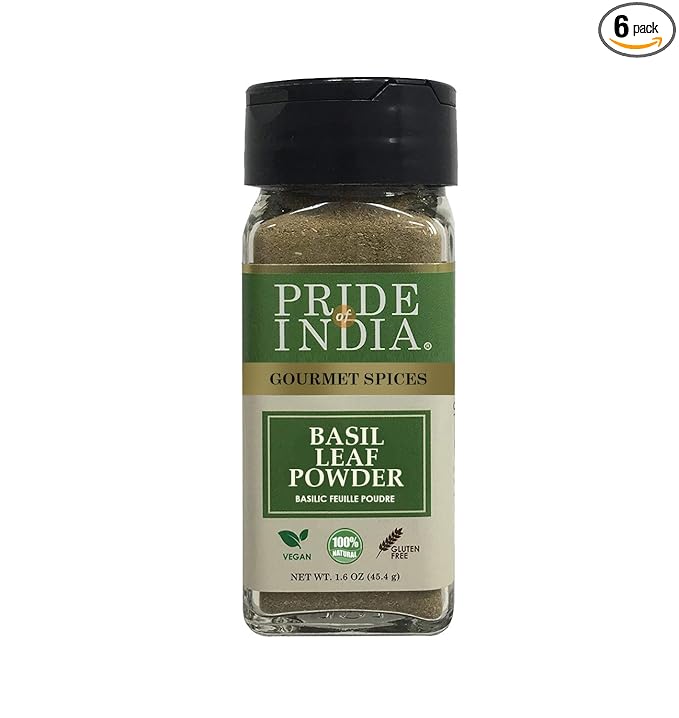 Pride of India - PACK of 6 - Basil Leaf Powder – Gourmet &amp Culinary Spice – Mediterranean Seasoning – Adds Flavor to pesto/stews/curries– Easy to Use – 1.6 oz. Small Dual Sifter Jar