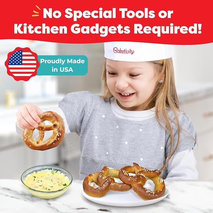 Baketivity Kids Baking Set Meal Cooking Party Supply Kit for Teens Real Fun Little Junior Chef Essential Kitchen Lessons Includes Pre-Measured Ingredients (Kit +Hat &amp Apron Pretzel)