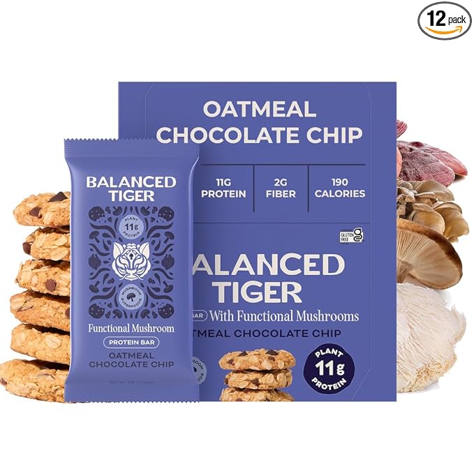Functional Mushroom Vegan Protein Bars | Made in USA | Full Dose Lions Mane Shitake Reishi &amp Maitake Bars | Plant Protein Bars w/Adaptogens &amp Superfoods | Oatmeal Chocolate Chip