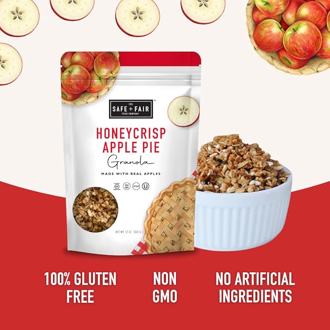 Safe + Fair Honeycrisp Apple Pie Granola – Gluten-Free Vegan &amp Plant-Based Snack with Real Honeycrisp Apples Whole Grains Non-GMO Kosher No Preservatives - 12oz 6 Pack