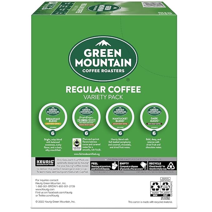 Green Mountain Coffee Variety Pack K-Cup Pods 24 Count Breakfast Blend Vermont Country Blend French Roast Dark Magic