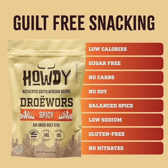 Howdysnax Spicy Droëwors – Authentic South African Air-Dried Beef Sticks Small-Batch Crafted High-Protein Snack Keto &amp Paleo Friendly No Added Sugar - 8 Ounce (Pack of 4)