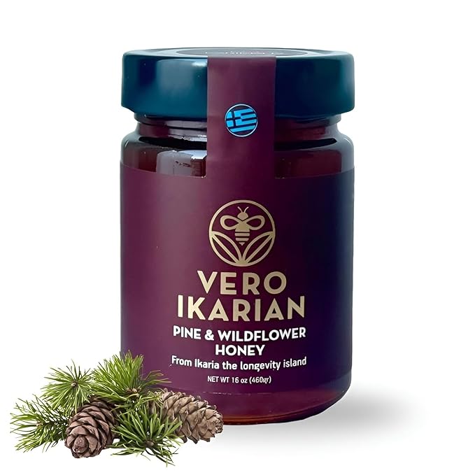 Greek Superherbs Ikaria Honey - 100% Organic Raw Unfiltered Blue Zone Longevity Honey with Earthy Flavor - Antioxidant Rich for Wellness Energy &amp Immunity Support | Pine &amp Wildflower (16 oz