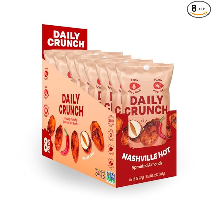 Daily Crunch Sprouted Almonds 1.5 Ounce Mini On-The-Go Bags Sprouted and Dehydrated for a Unique Crunch Keto Friendly Non-GMO (1.5 Ounce Nashville Hot)
