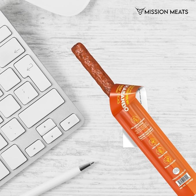 Mission Meats Beef Sticks – 100% Grass Fed &amp Pasture Raised Sugar Free Individually Wrapped Healthy Snacks Whole 30 &amp Paleo Friendly Habanero 1oz (12ct)