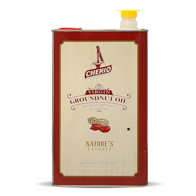 Chekko Peanut Oil Cold Pressed | 5 Liter (169 Fl Oz) | Groundnut Oil | Unrefined Wood Pressed | Pure Natural Non-GMO Cooking Oil for Deep Frying