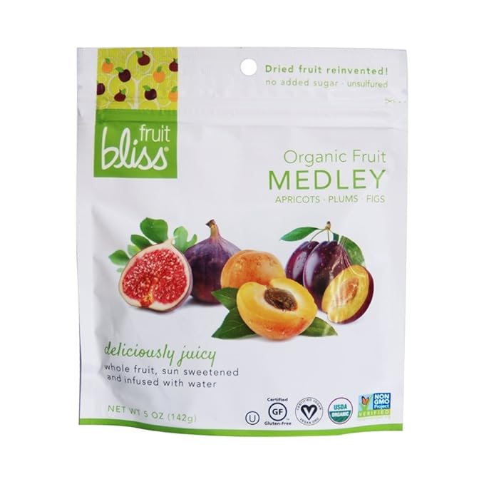 Fruit Bliss Organic Dried Fruit Medley Pitted Soft &amp Juicy Non GMO 5 Ounces (Pack Of 6)