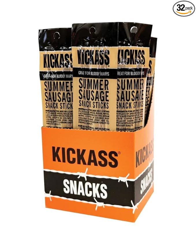 Kickass Summer Sausage Meat Sticks 16ct Case - 2oz Twin Packs of Pork and Beef Jerky Snack Sticks - Beef Stick Meat Snacks - Jerky Sticks