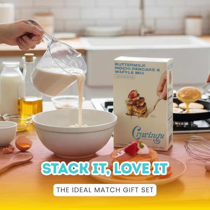 Butter Milk Pancake – 5x Buttermilk Mochi Pancake and Waffle Mix – 14.2OZ Bundle with 1 Cup Plastic Clear Measuring Cup – Rice Flour Blend with Buttermilk for Pancakes and Waffles – Gift Set (6 Items)