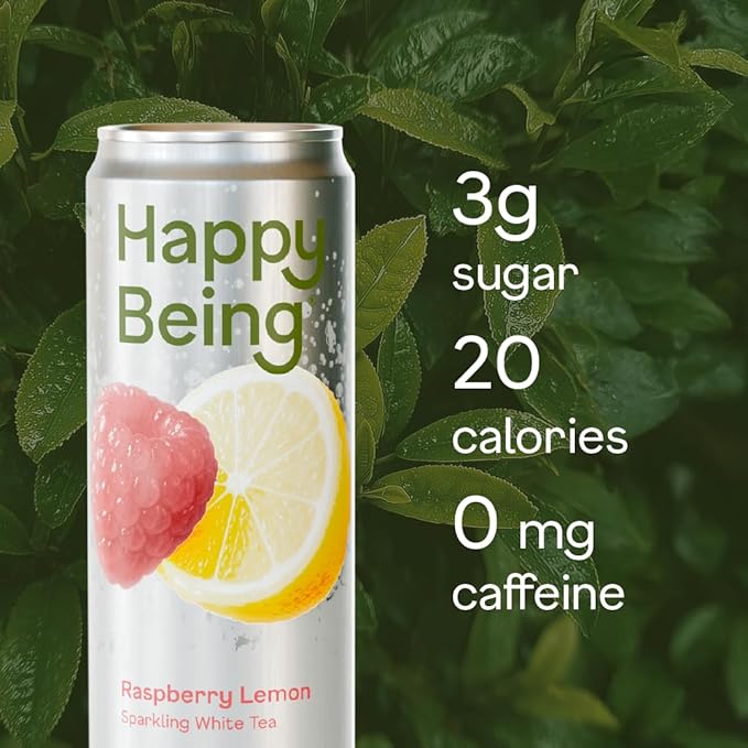 Happy Being Raspberry Lemonade Sparkling White Tea – Antioxidant &amp Polyphenol Rich Infused with Turmeric Elderberry Caffeine Free Plant-Based Low Sugar &amp Low Calorie Drinks 12oz (16 Pack
