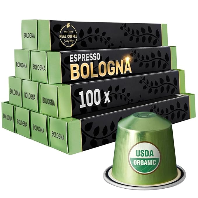 Bologna Organic Italian Espresso for Nespresso | 100 Organic Aluminum Capsules | Eco-Friendly Medium Roast | 100% Nespresso Compatible Pods | Fairtrade Coffee