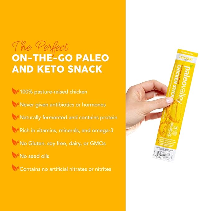 Paleovalley Pasture-Raised Chicken Sticks – 10 Pack – 7g Protein per Stick – Keto-Friendly Paleo Gluten-Free Nitrate-Free – On-the-Go Snack (10 Pack Teriyaki)