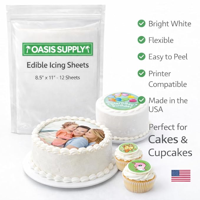 Oasis Supply Ultra Flexible Edible Icing Sheets – 12 Premium Frosting Sheets 8.5 x 11 Printable Edible Paper for Edible Ink Printers Cake Toppers Edible Images &amp Photo Cakes – Bright White Print