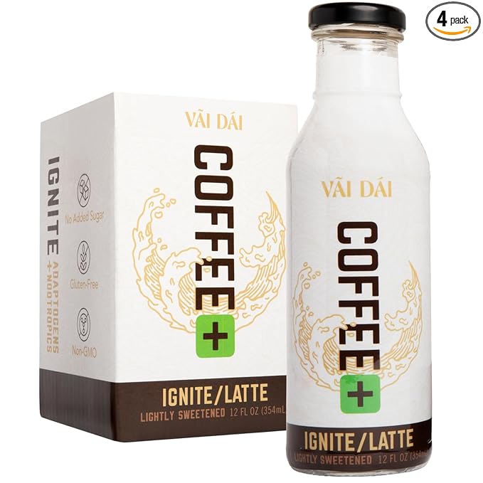Vai Dai Coffee Latte 4-pack 12 Fl Oz - Lightly Sweetened Ready-to-Drink Functional Adaptogens &amp Nootropics for Energy Focus &amp Mental Clarity with Lion’s Mane Ashwagandha Mushrooms &amp