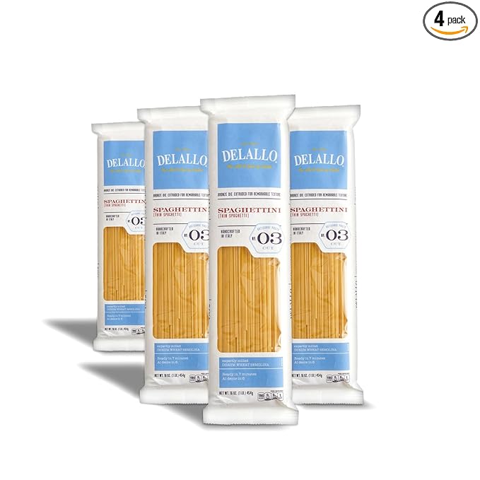DeLallo Thin Spaghetti Pasta 1 Pound Bag 4 Pack Al Dente Texture Made in Itay Made with Durum Wheat Semolina Flour Cooks in 9 Minutes Non-GMO Long Cut