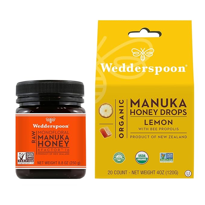 Wedderspoon Raw Premium Manuka Honey KFactor 16 (8.8 Oz Pack of 1) and Manuka Honey Drops Lemon &amp Bee Propolis (20 Count Pack of 1) - Genuine New Zealand Honey Perfect Remedy For Dry Throats