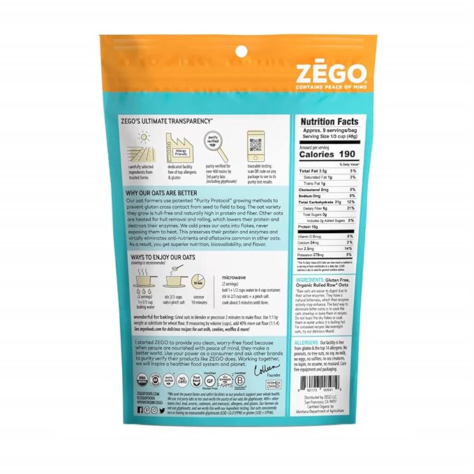 ZEGO Double Protein Raw Oats Organic Purity Protocol Gluten Free GIyphosate Free 14oz Bags Bundle of 5 Bags (70oz total)