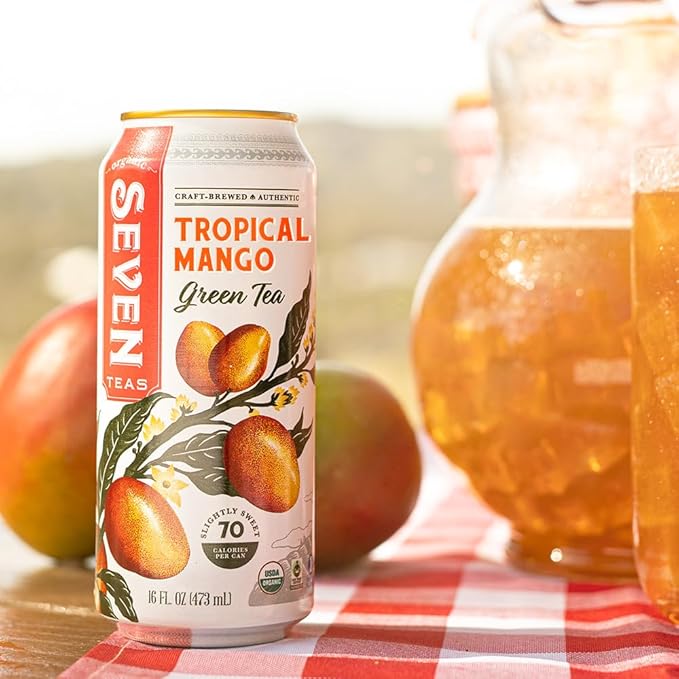 SevenTeas Tropical Mango Green Tea 16 OZ (Pack of 12 Cans) Organic Iced Tea