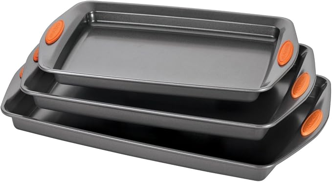 Rachael Ray Nonstick Bakeware Set with Grips Nonstick Cookie Sheets / Baking Sheets - 3 Piece Gray with Orange Grips