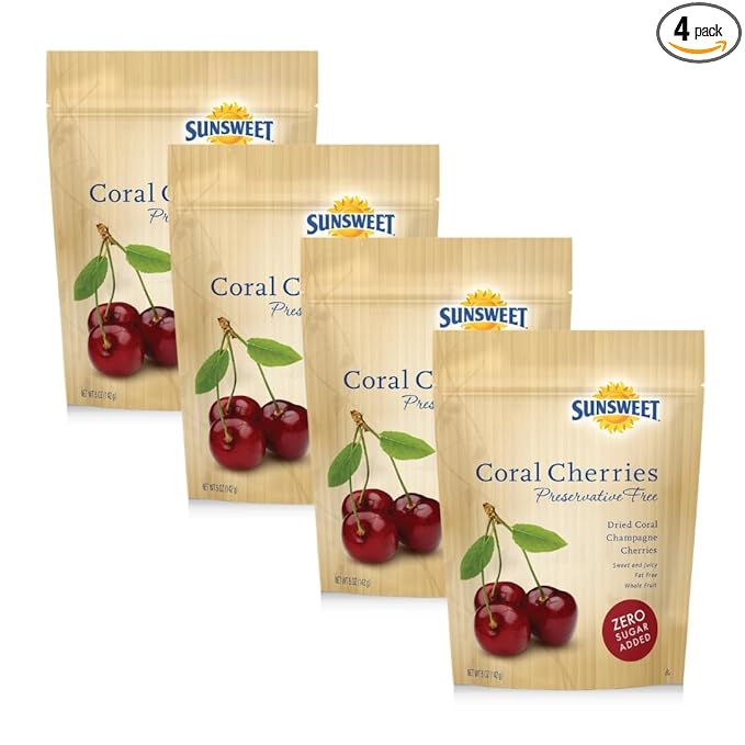 Sunsweet Coral Dried Cherries - Dried Fruit No Sugar Added - Gluten Free Preservative Free Plant Based Kosher Tart Cherries - 5oz - 4 Pack