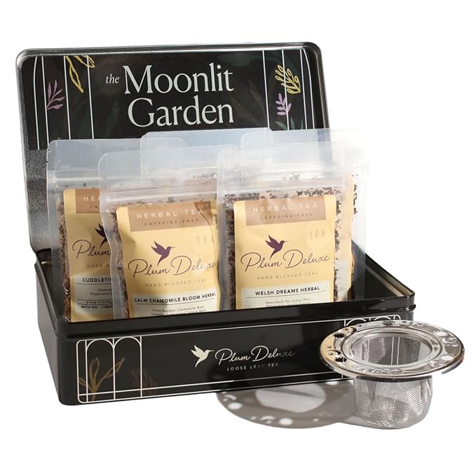 Moonlit Garden Collection Assorted Herbal Tea Gift Set - Hand-Crafted Loose Leaf Teas Presentation Gift Box with Loose Leaf Steeper Included Sleepytime Tea - 5 Unique and Flavorful Teas 75+ Cups