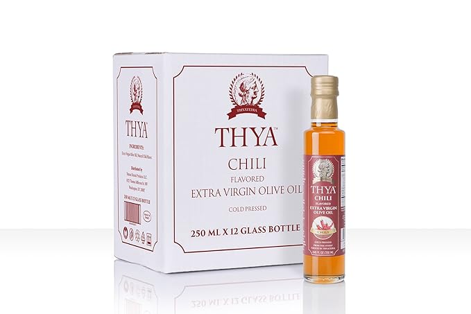 THYA Chili Pepper Flavored Extra Virgin Olive Oil Cold Pressed Olives EVOO for Salad Dressing and Cooking (8.45 fl oz/ 250ml)