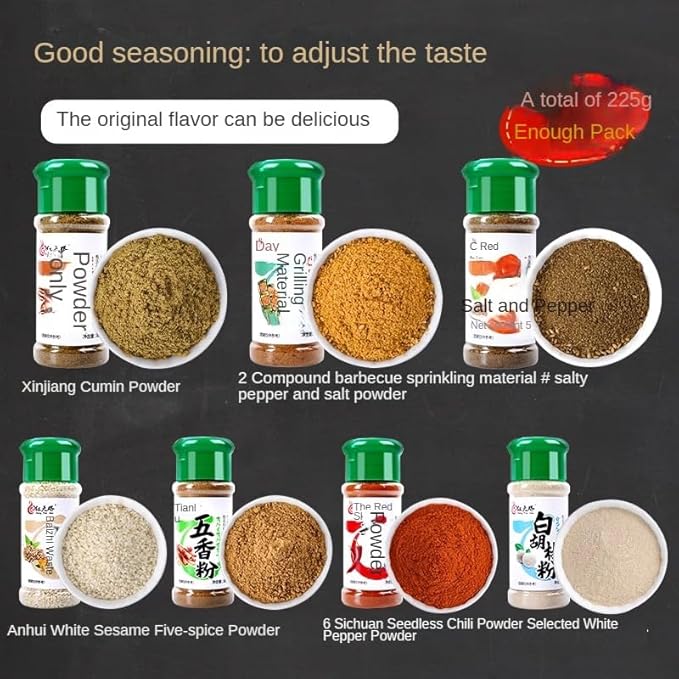7 Bottles of Complete Combination Seasoning:Cumin Powder Barbecue Sprinkle Salt and Pepper Powder Anhui White Sesame Five-spice Powder Cayenne Pepper Selected White Pepper Total 225 Grams