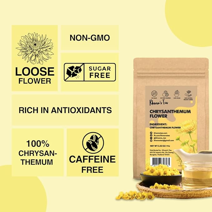 Chrysanthemum Tea - Chrysanthemum Flower Loose Caffeine-Free Antioxidant Herbal Infusion Tea 3.52 Oz Sourced from Thailand