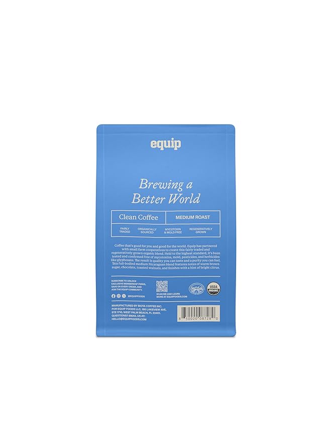 Equip Foods Clean Coffee | Gold Standard Certified Organic Fair Trade Regenerative | Medium Roast Whole Bean Nicaragua | Brown Sugar+Chocolate+Citrus