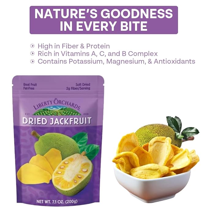 Liberty Orchard Organic Dried Jackfruit with No Added Sugar - Enjoy the Bold Flavor of Jackfruit with Fiber-Rich Snack Packs- Soft Nutrient-Packed Dried Jackfruits Ideal for Recipes - 2 Pack - 200g