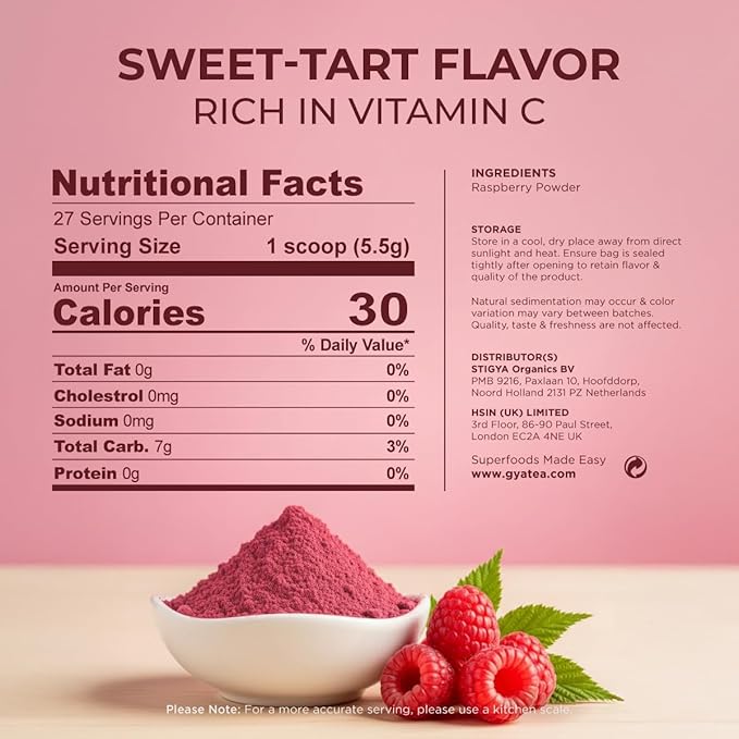 Gya Tea Co Fresh Raspberry Powder 0.33 lb (5.29 oz) - Superfood for Baking Tea Smoothies - Non-GMO Sugar-Free Gluten-Free Vegan Friendly