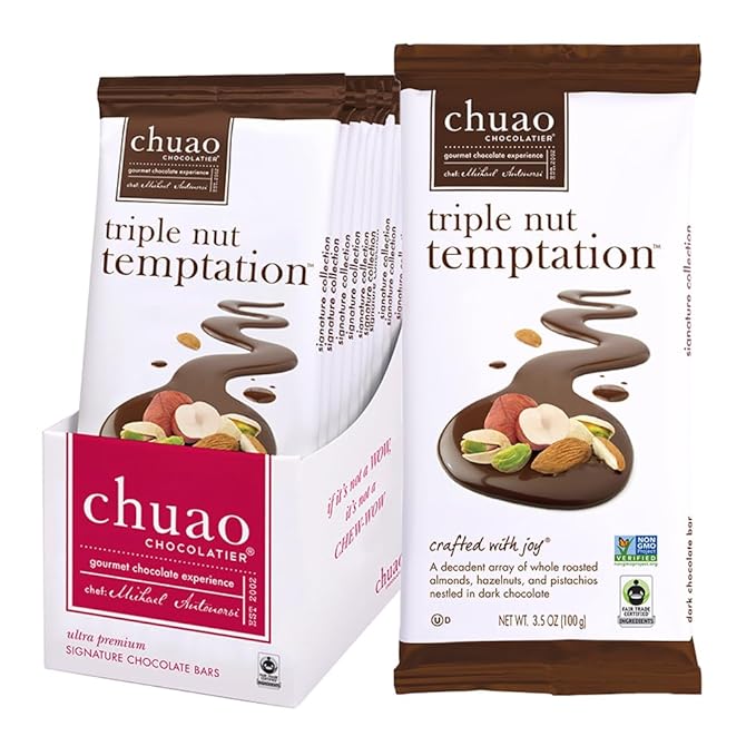 Chuao Chocolatier Triple Nut Temptation Dark Chocolate Gourmet Bars | For Gift Baskets Birthday Thank You Care Package | 10 Pack 2.8 oz Each