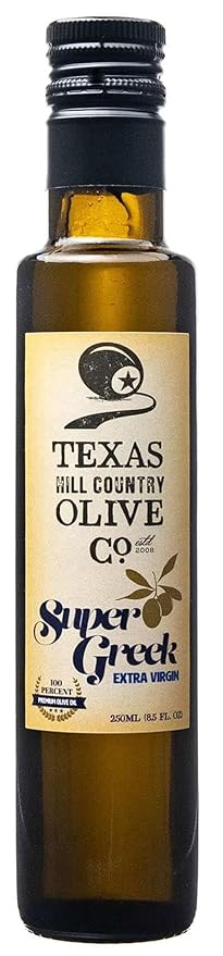 Texas Hill Country Olive Co Super Greek Extra Virgin Olive Oil - Cold Pressed EVOO Gourmet Olive Oil - Rich &amp Fruity - Perfect for Finishing &amp Dressing - Award Winning &amp Made in Texas (8.5