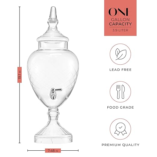 Beverage Dispenser for Countertop - 1 Gallon Large Glass Drink Dispenser w/Spigot &amp Lid - Party Drink Dispenser for Sweet Tea Lemonade Punch Water Juice Dispensers for Parties