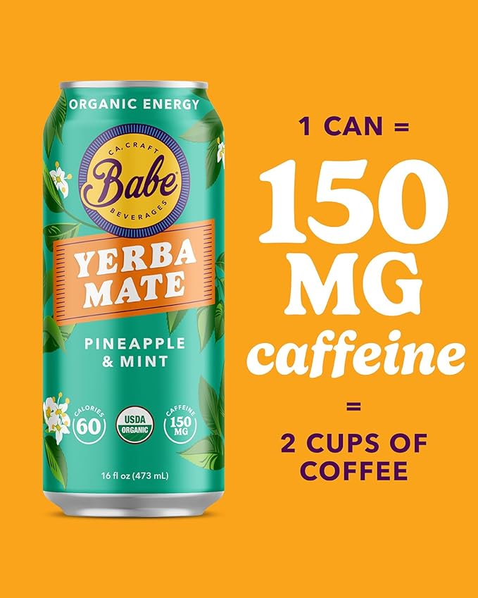 Babe Organic Yerba Mate Energy Drinks | 150mg Plant-Based Caffeine | Natural Yerba Mate Tea with No Crash No Jitters - Pineapple Mint (12 x 16oz Cans)