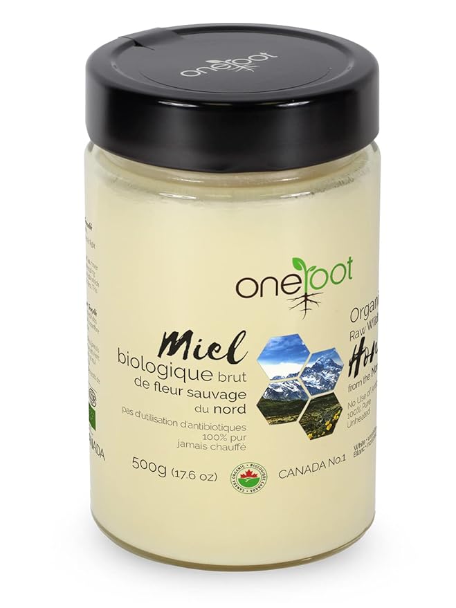 Oneroot 100% Organic Canadian Wildflower Honey - 17.6 Oz/1.1 Lbs Unheated &amp Creamed - Nutrient-Rich Natural Sweetener with Enzymes - Thick &amp Pure Raw Unfiltered Honey