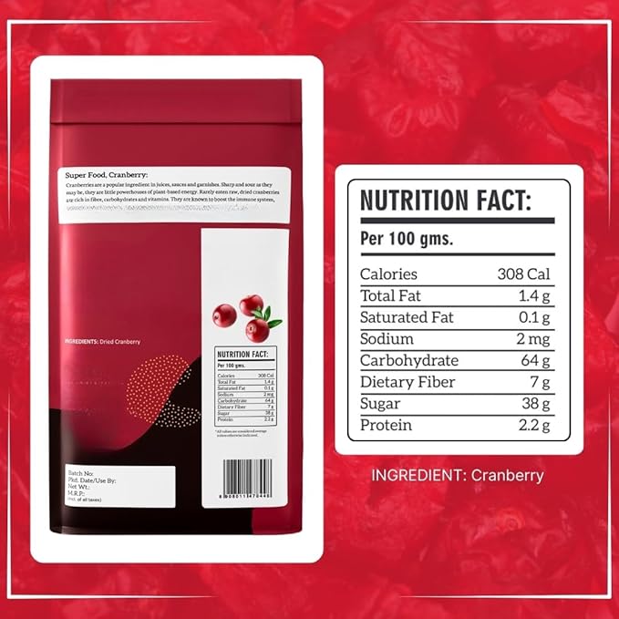 Generic Dried Whole Cranberry Gluten Free Vegan and NON GMO Cranberries Dry Fruits Antioxidant Rich| Immunity Booster -500gm