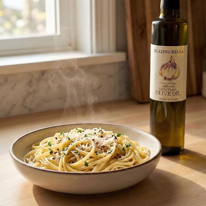 Blazing Bella Garlic Infused Extra Virgin Olive Oil - Rich Fresh Garlic Flavor Cold Pressed California Olive Oil Perfect for Pasta Vegetables Bread and Everyday Cooking - 16.9 fl oz (500ml)
