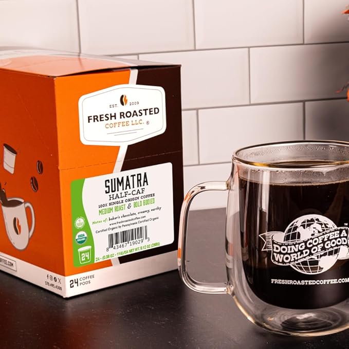 Fresh Roasted Coffee Organic Sumatra Water-Processed Half-Caf | 100% Single Origin USDA Organic Kosher | Medium Roast K-Cup Compatible | 72 Pods