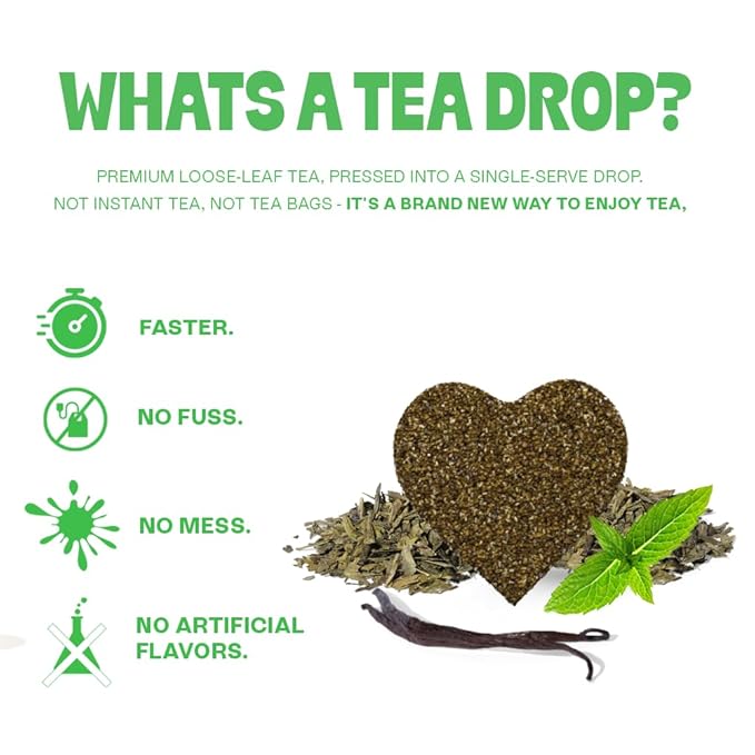 Tea Drops Lightly Sweetened Organic Tea Bulk Box | Sweet Peppermint | Caffeine Free | Iced or Hot Herbal Tea Beverages Gift Set | Includes Organic Peppermint Oil &amp Spearmint Leaves | 10 Drops per