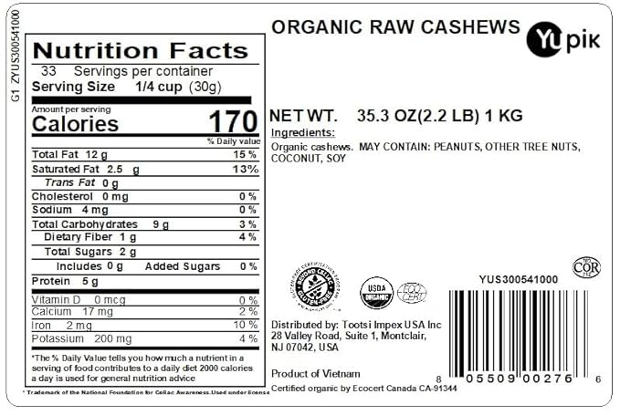 Yupik Organic Raw Cashews 2.2 lb (35.2 oz) Kosher Gluten-Free Non-GMO Vegan Whole Nuts Unsalted Unroasted Source of Protein &amp Iron Nutritious Crunchy Healthy Snacks For Baking &amp C