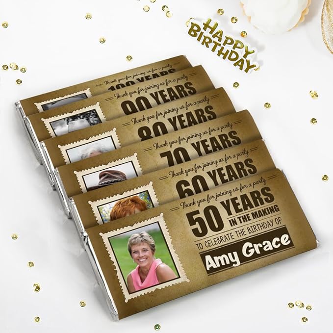 12ct Personalized Birthday Candy Favors for Guests Belgian Chocolate Bars Embossed Happy Birthday (12 Count) - 50th 60th 70th 80th 90th 100th - Any Age