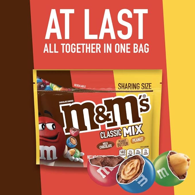 M&ampM’S Classic Chocolate Candy Mix of Peanut Peanut Butter &amp Milk Chocolate Sharing Size 8.3 oz Bags (Pack of 8)