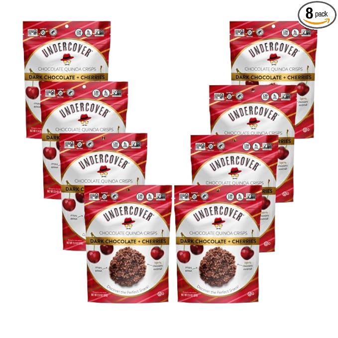 Undercover Chocolate Quinoa Crisps - Dark Chocolate + Cherries Quinoa Crisps | 8-Pack 2oz Bags | Gluten Free Nut-Free Allergen Friendly Kosher Plant-Based