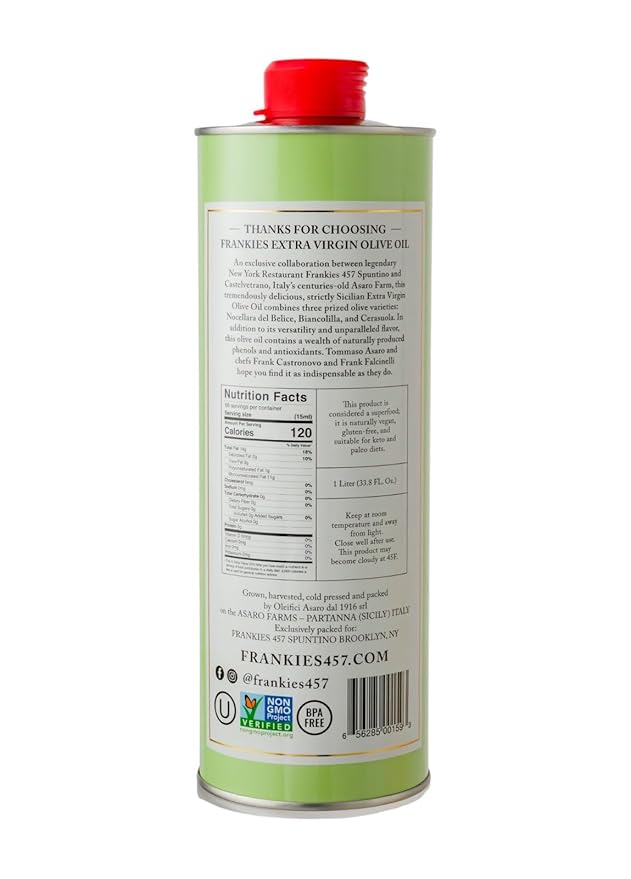Frankies 457 Everday Extra Virgin Olive Oil - Premium Castelvetrano Olive Oil - Harvested in Sicily - Pure Authentic Italian - Monovarietal - Rich in Flavor - First Cold Pressed - 33.8 fl oz (1 L)