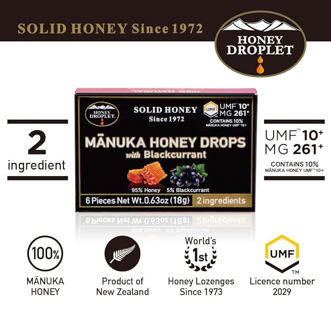 HONEY DROPLET] UMF™10+ (MG 261+) 100% Manuka Honey Drops Truly Natural from New Zealand 2 Premium Ingredients 12 Packs (Blackcurrant Flavor)