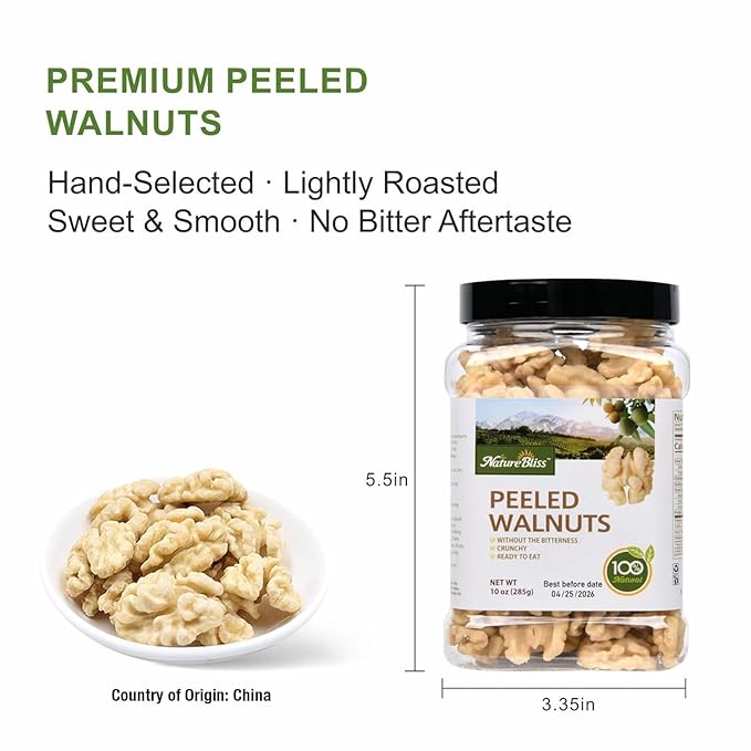 Naturebliss Premium Peeled Walnuts Halves Skinless Raw Walnuts Texture Sweet Crisp No Salt Added Healthy Nuts Power Snacks Ideal for Salads Baking and Cooking (10 OZ/Pack of 1)