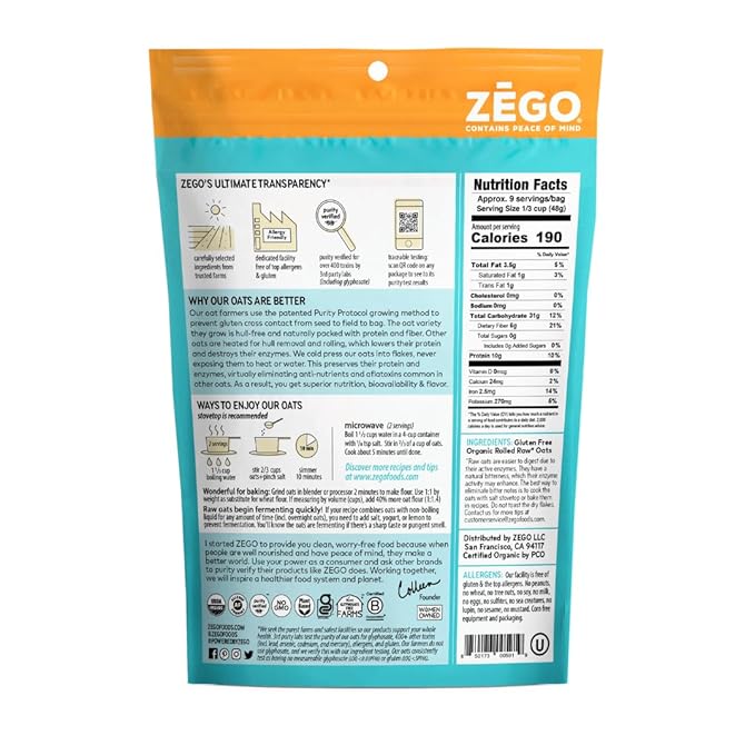 ZEGO Double Protein Raw Oats Organic Purity Protocol Gluten Free GIyphosate Free 14oz Bags Bundle of 2 Bags (28oz total)