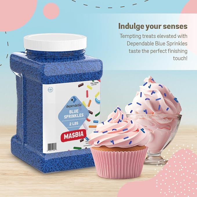 Dependable Food Blue Sprinkles - 2 Lb. Bulk Container - Gluten-Free Kosher Blue Jimmies for Cake Decorating Cupcakes &amp More - Resealable Jar